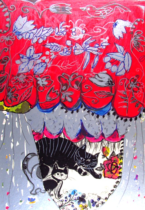 フジコ・ヘミングの絵画作品　タイトルは、猫とバラ